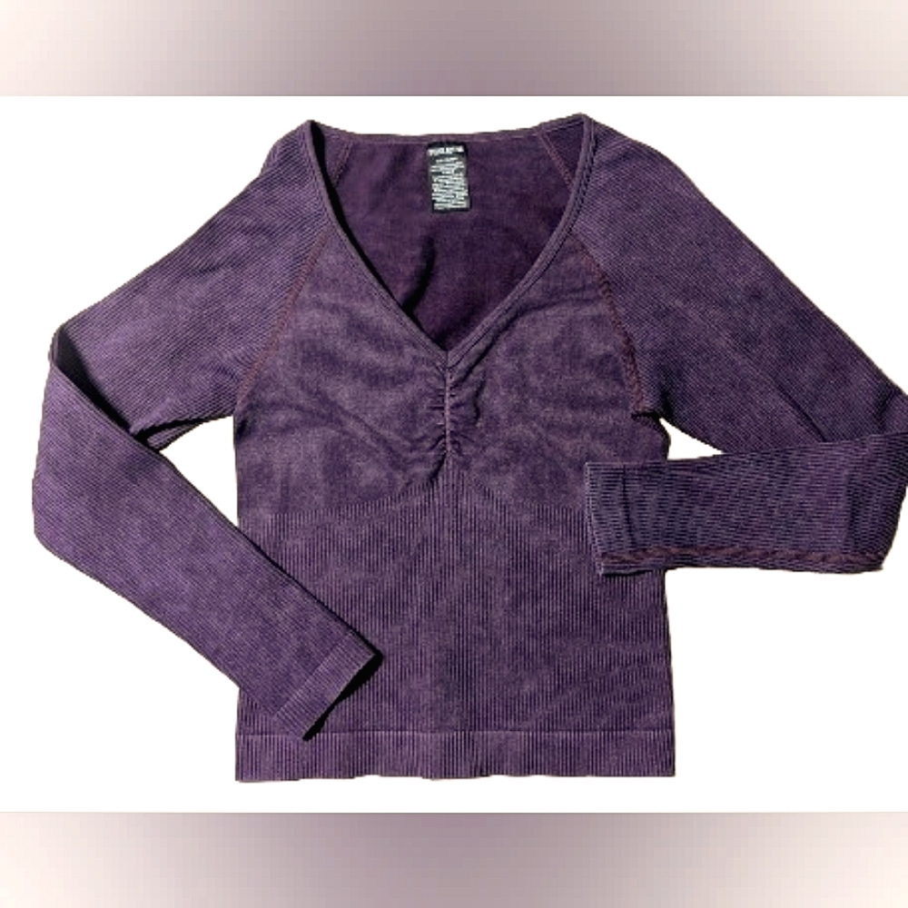 VS PINK Active Dark Purple Ribbed V-Neck Ruched Long Sleeve Top Large
